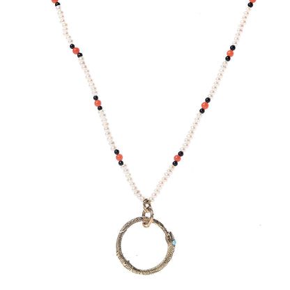 Gucci 18K Yellow Gold Coral Black Onyx Freshwater Pearl Turquoise Ouroboros Pendant Necklace 1 of 4