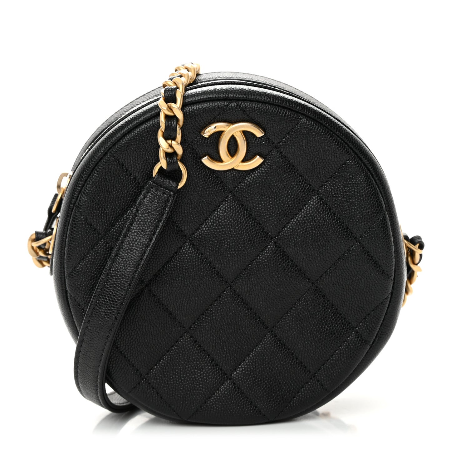 Caviar Quilted Small Round Bag With Chain Black