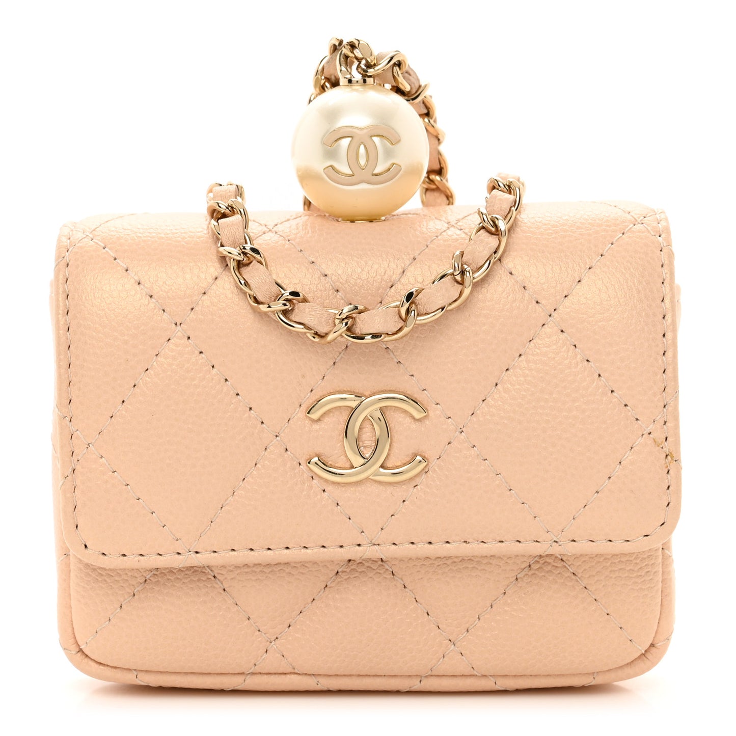 Iridescent Caviar Quilted Pearl Card Holder On Chain Beige