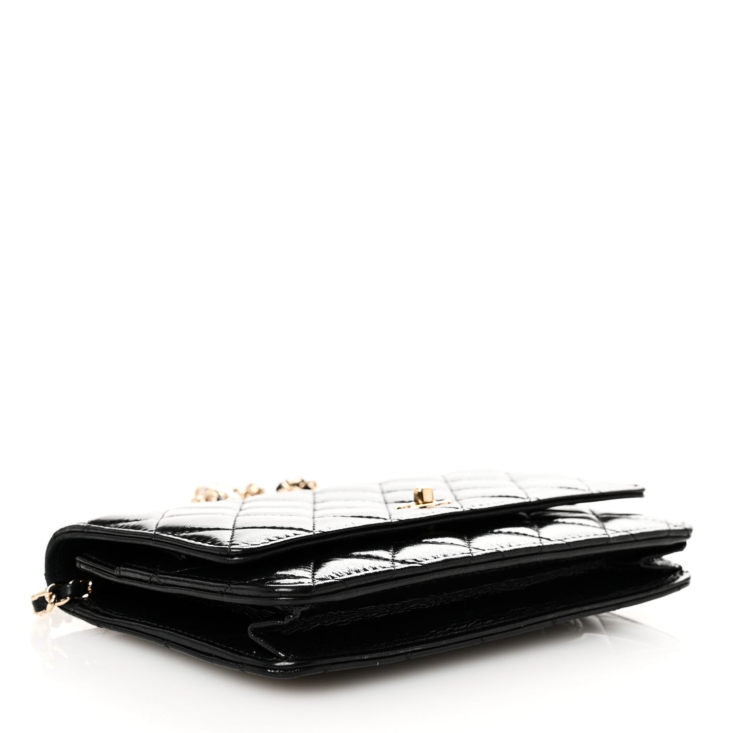Shiny Calfskin Quilted Pearl Charms Wallet On Chain WOC Black