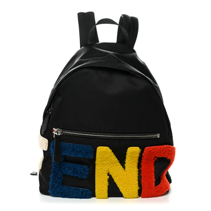 Fendi Nylon Shearling Block Letter Backpack Black 1 of 10
