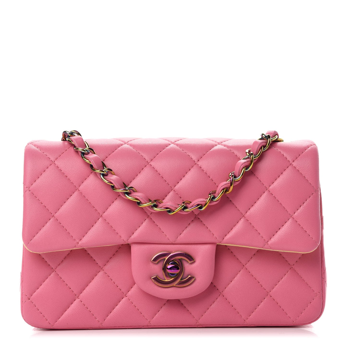Lambskin Quilted Mini Rectangular Flap Pink Yellow