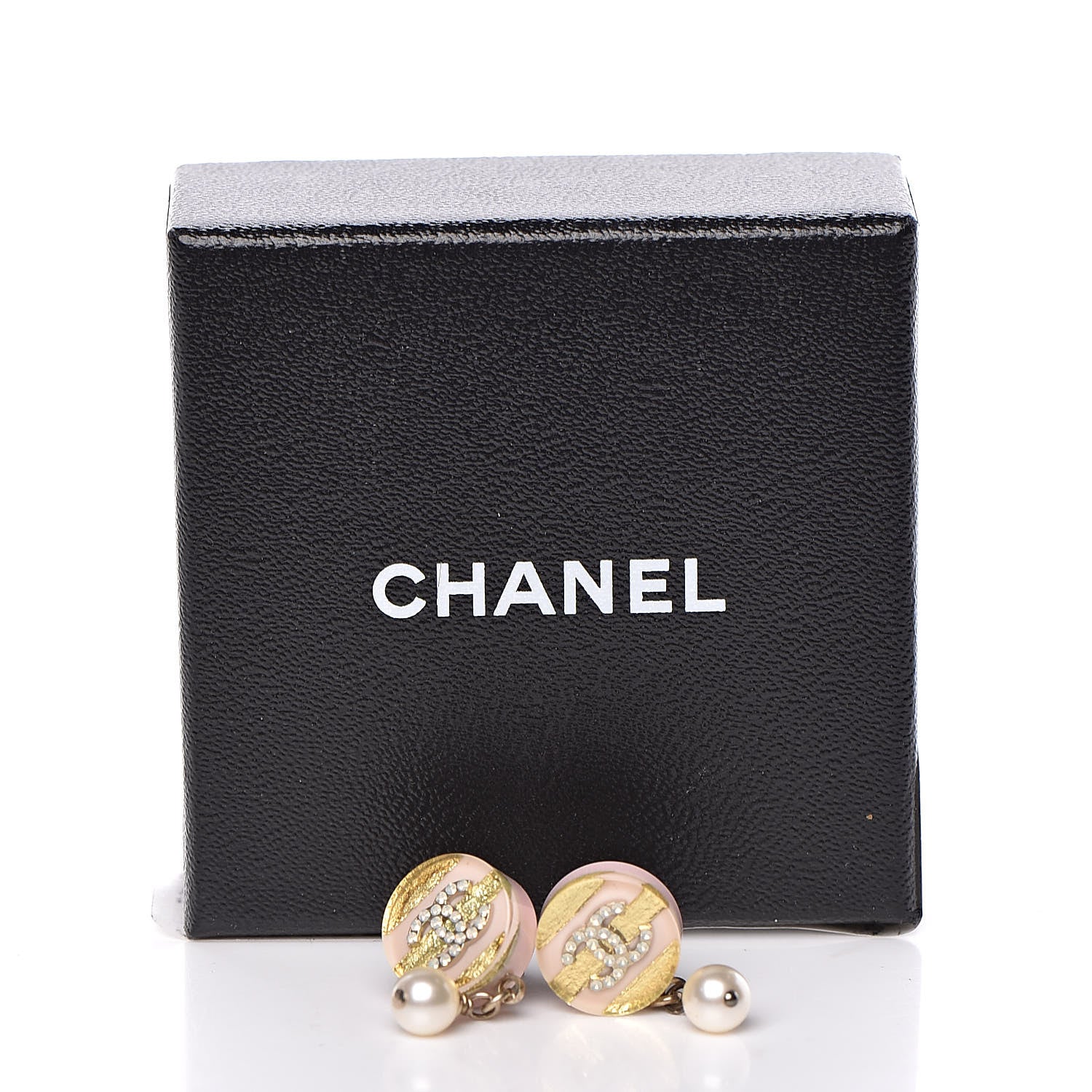 Chanel Resin Crystal Pearl Striped CC Drop Earrings Pink Gold 5 of 5
