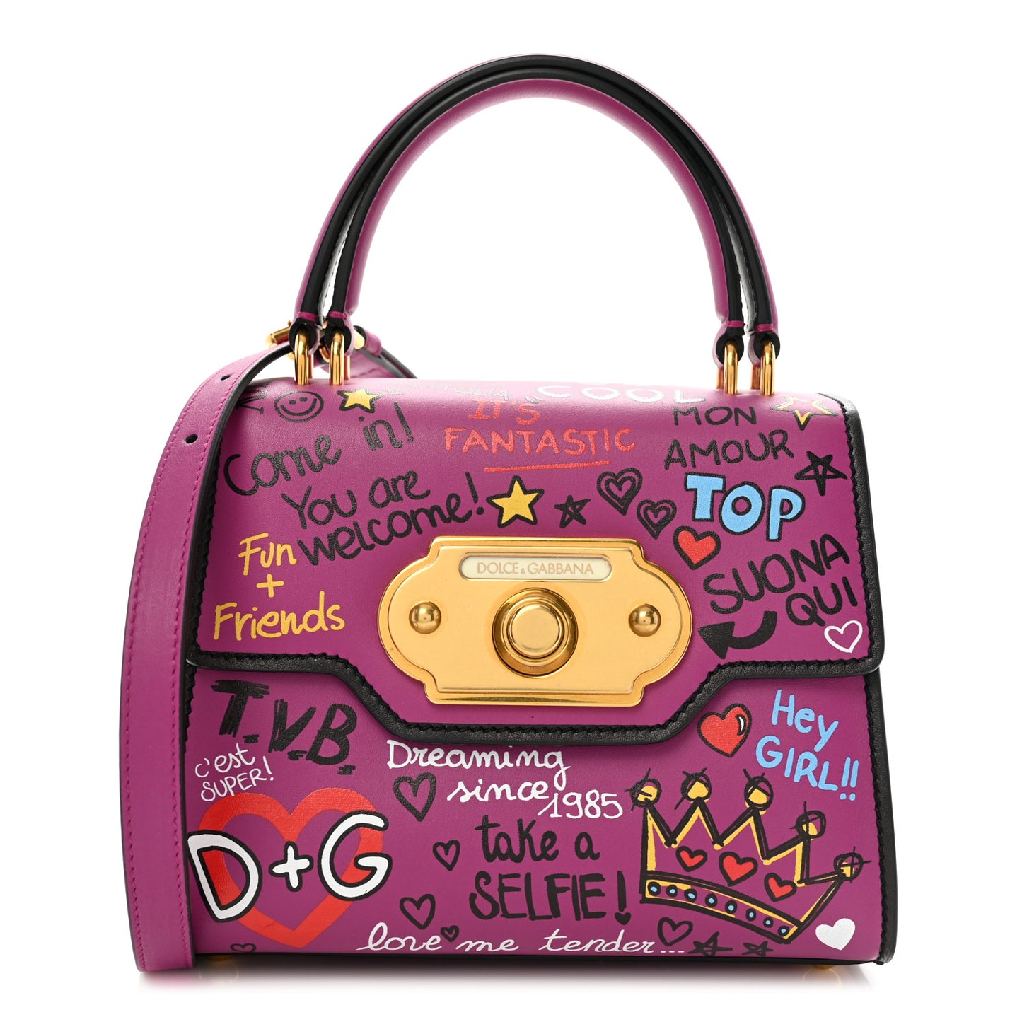 Calfskin Graffiti Printed Welcome Satchel Purple Black