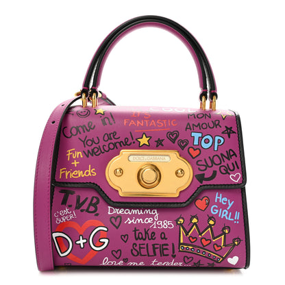 Dolce & Gabbana Calfskin Graffiti Printed Welcome Satchel Purple Black 1 of 9