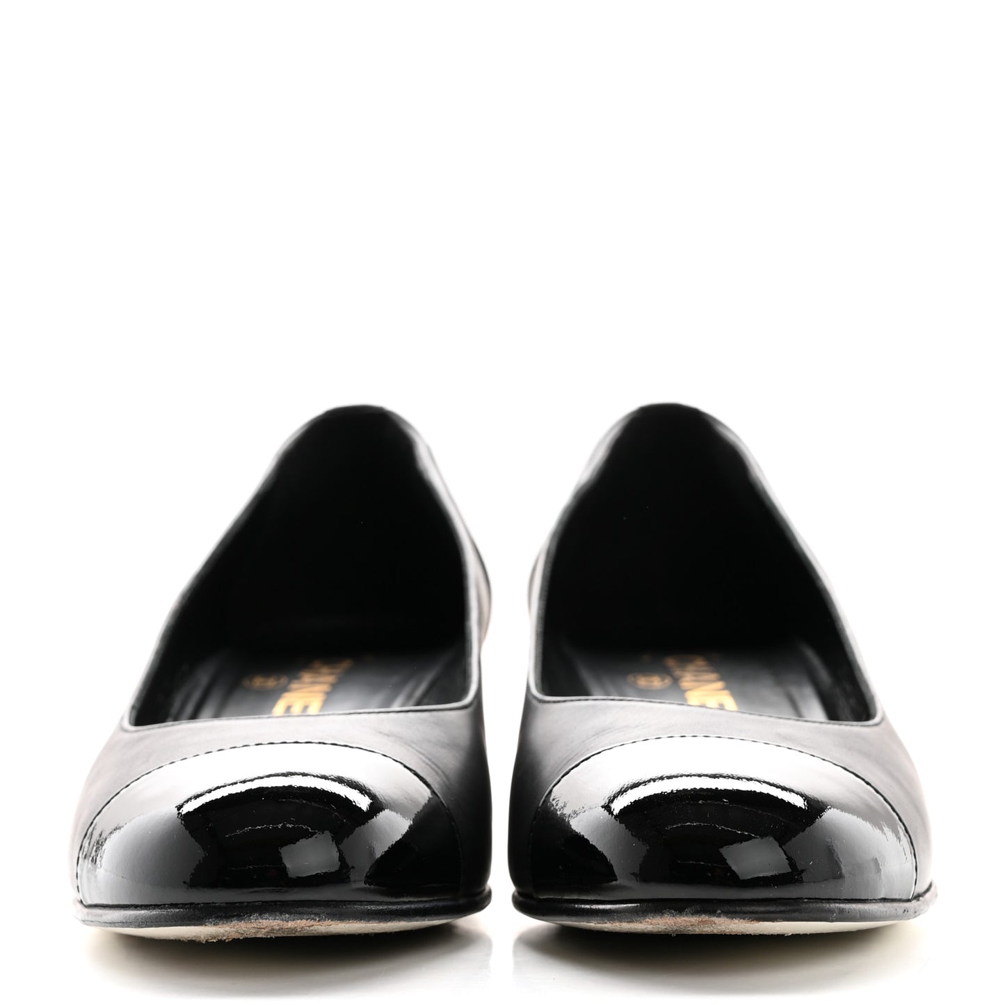 Lambskin Patent Cap Toe Low Heel Chain Pumps 37.5 Black