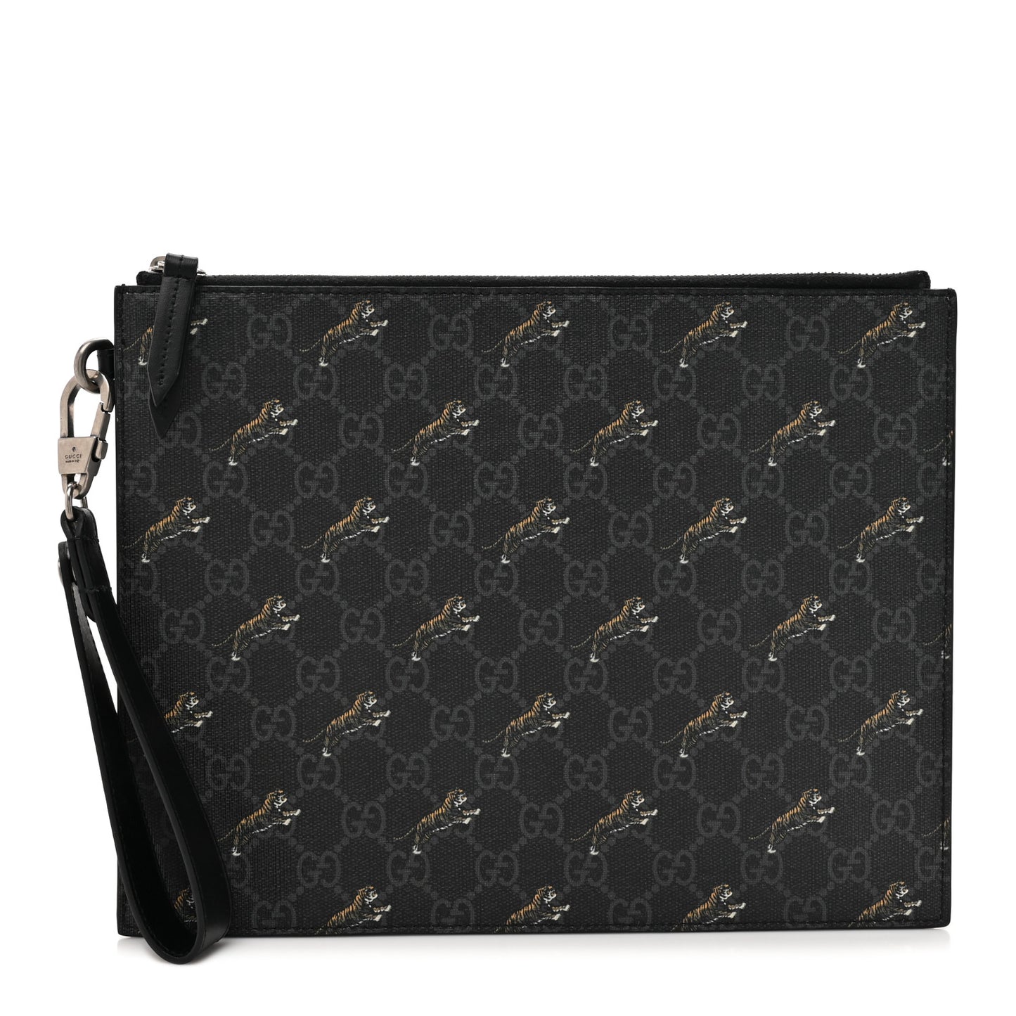 GG Supreme Monogram Tigers Zip Wristlet Pouch Black