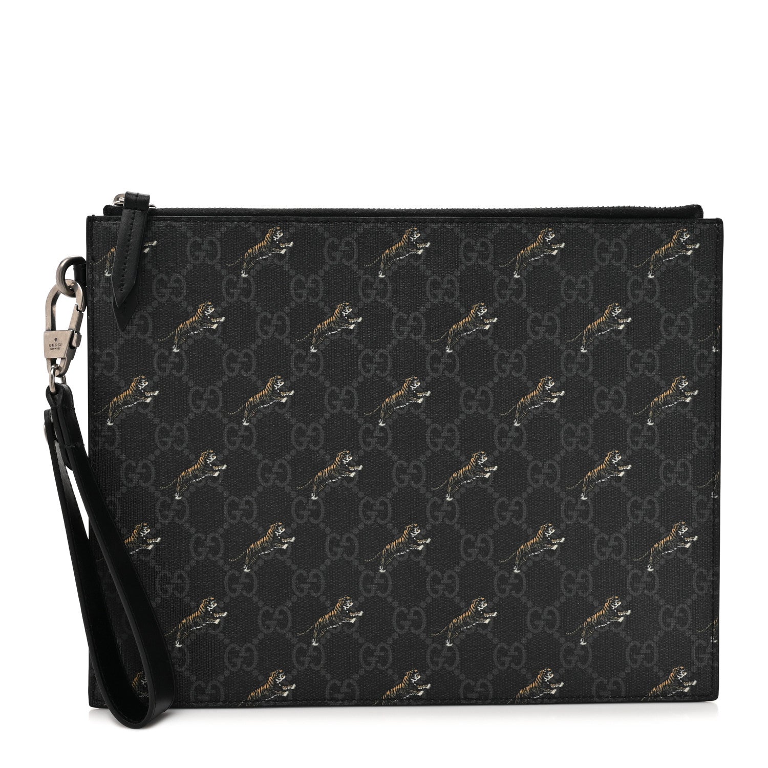 Gucci GG Supreme Monogram Tigers Zip Wristlet Pouch Black 1 of 12
