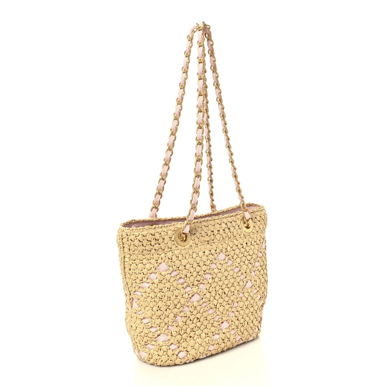 Chanel Raffia Braided Grosgrain Ribbon Small Shopping Bag Beige Light Pink 3 of 10