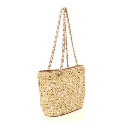 Chanel Raffia Braided Grosgrain Ribbon Small Shopping Bag Beige Light Pink 3 of 10