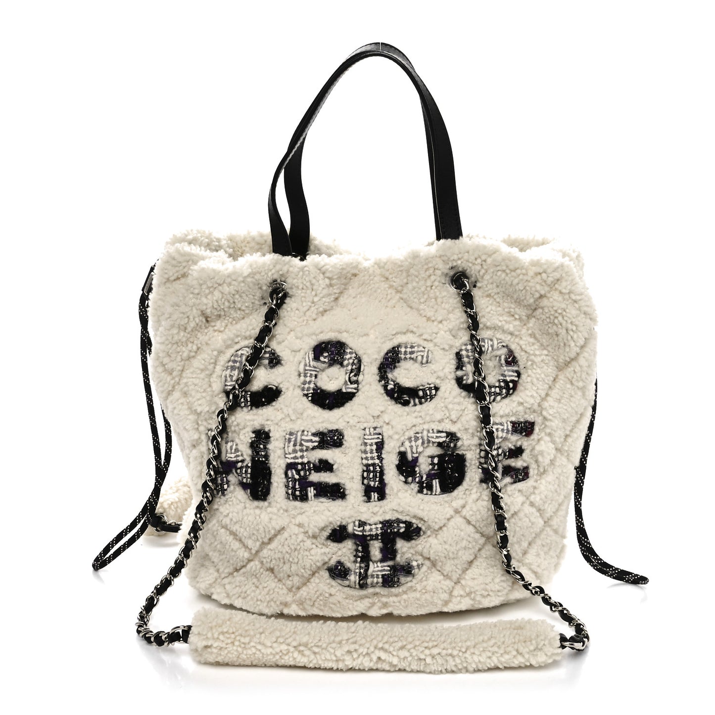 Shearling Sheepskin Tweed Large Coco Neige Tote White Black