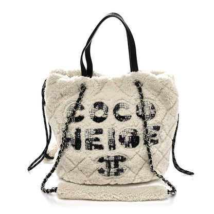 Chanel Shearling Sheepskin Tweed Large Coco Neige Tote White Black 1 of 11