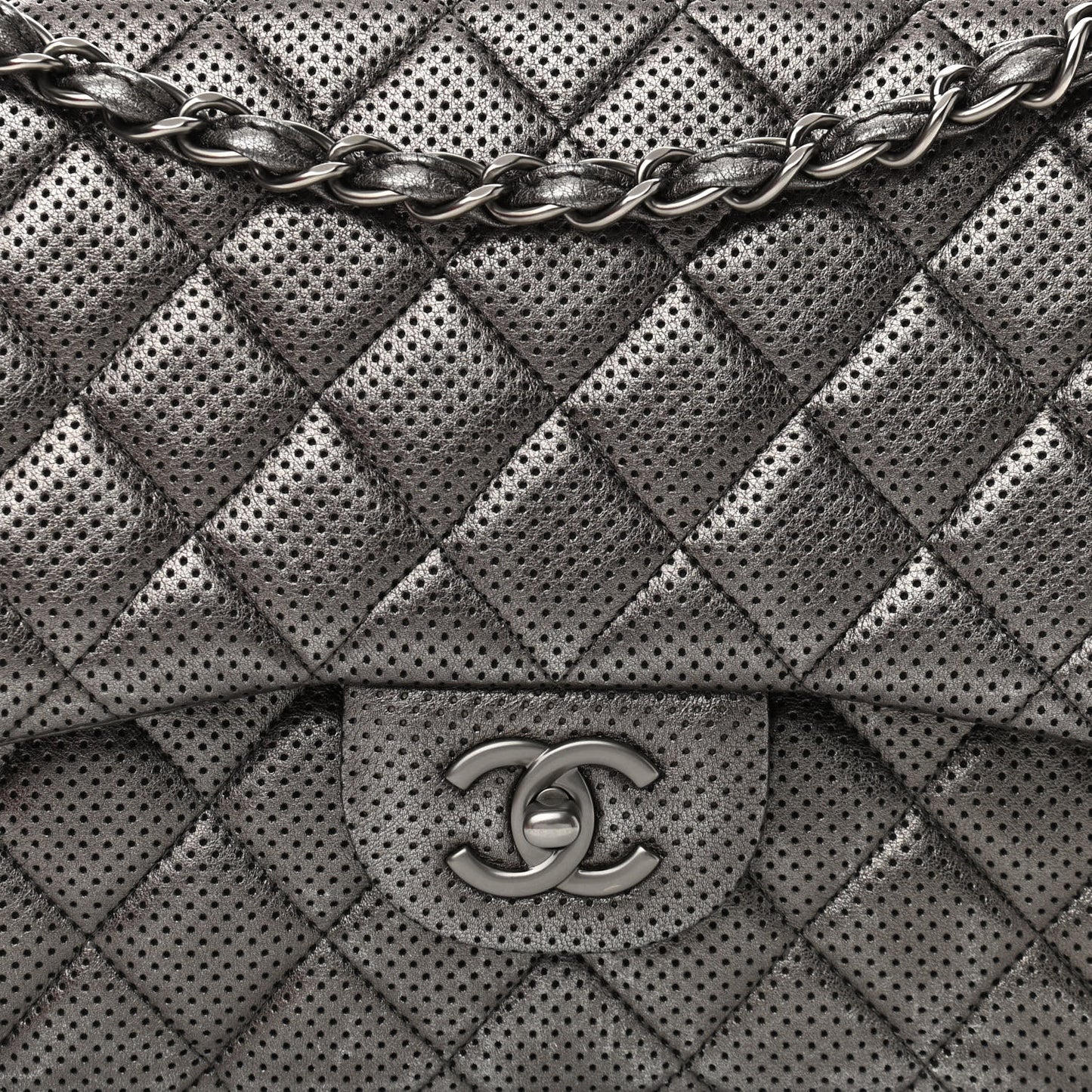Metallic Perforated Lambskin Quilted Jumbo Double Flap Dark Silver