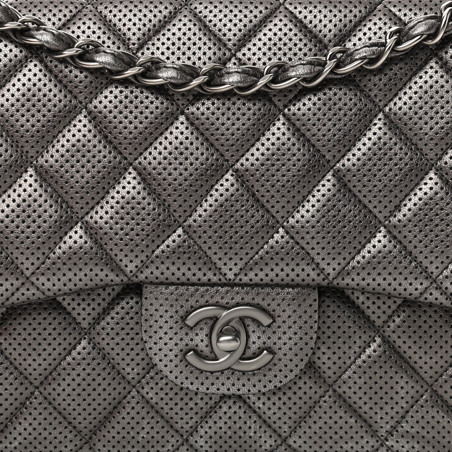 Chanel Metallic Perforated Lambskin Quilted Jumbo Double Flap Dark Silver 8 of 11