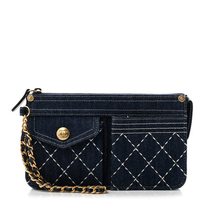 Chanel Denim Quilted Zipped Wristlet Clutch Blue 1 of 8