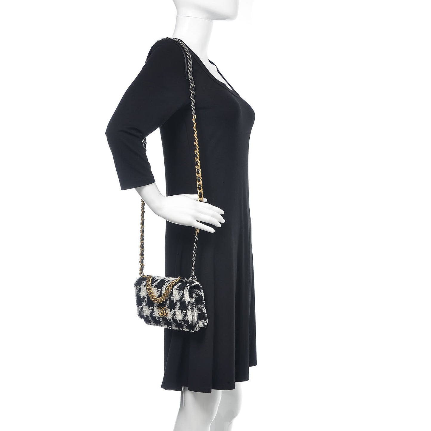 Wool Tweed Lambskin Quilted 19 Wallet On Chain WOC and Coin Purse Black White