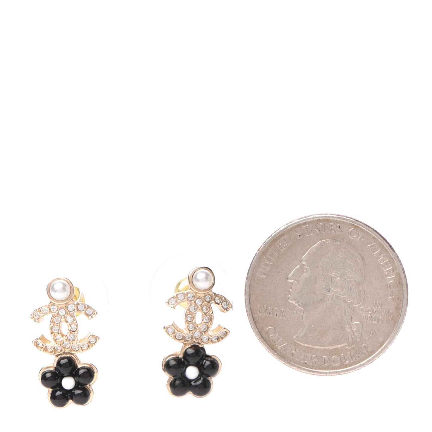 Crystal Pearl CC Flower Earrings Black Gold