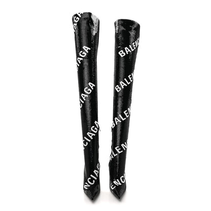 Balenciaga Sequin Spandex Logo 110mm Knife Thigh High Boots 37 Black 2 of 9