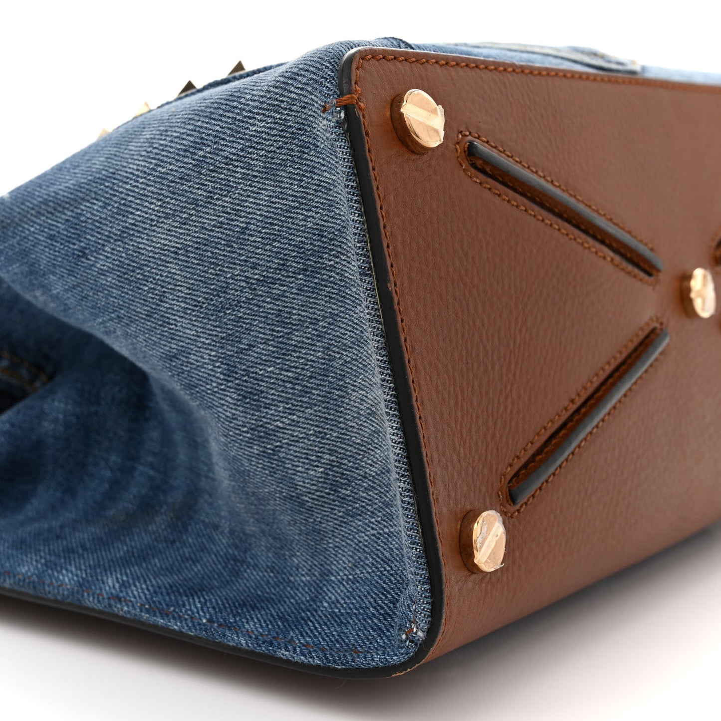 Calfskin Denim Rockstud Medium Joylock Satchel Blue
