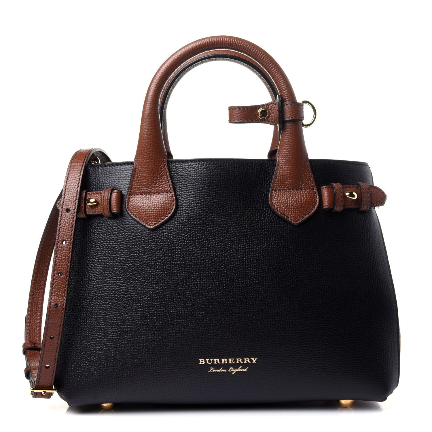 Burberry Derby Calfskin House Check Small Bi-Color Banner Tote Black Tan 1 of 12