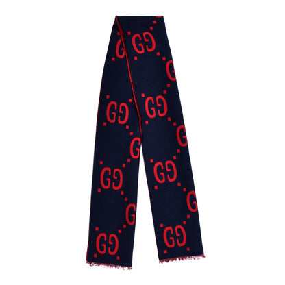 Gucci Wool Silk Monogram Jumbo GG Freedom Scarf Midnight Blue Red 2 of 4