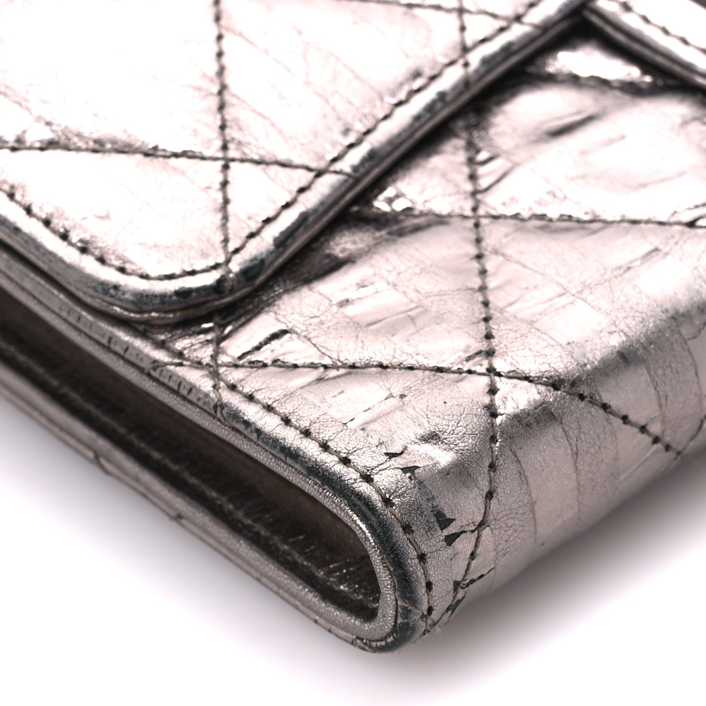 Metallic Calfskin Striped Quilted Reissue Flap Wallet Dark Silver