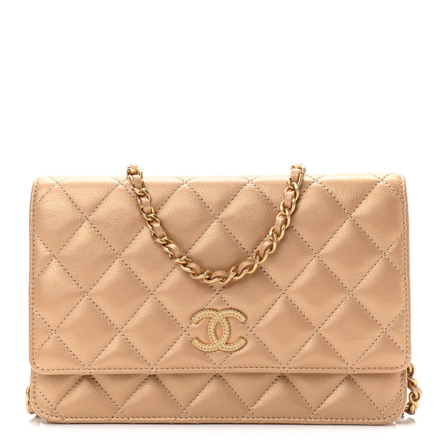 Metallic Calfskin Quilted Wallet On Chain WOC Gold