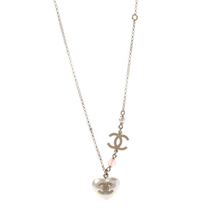 Chanel Resin Crystal CC Heart Necklace Pearly White Gold 1 of 5