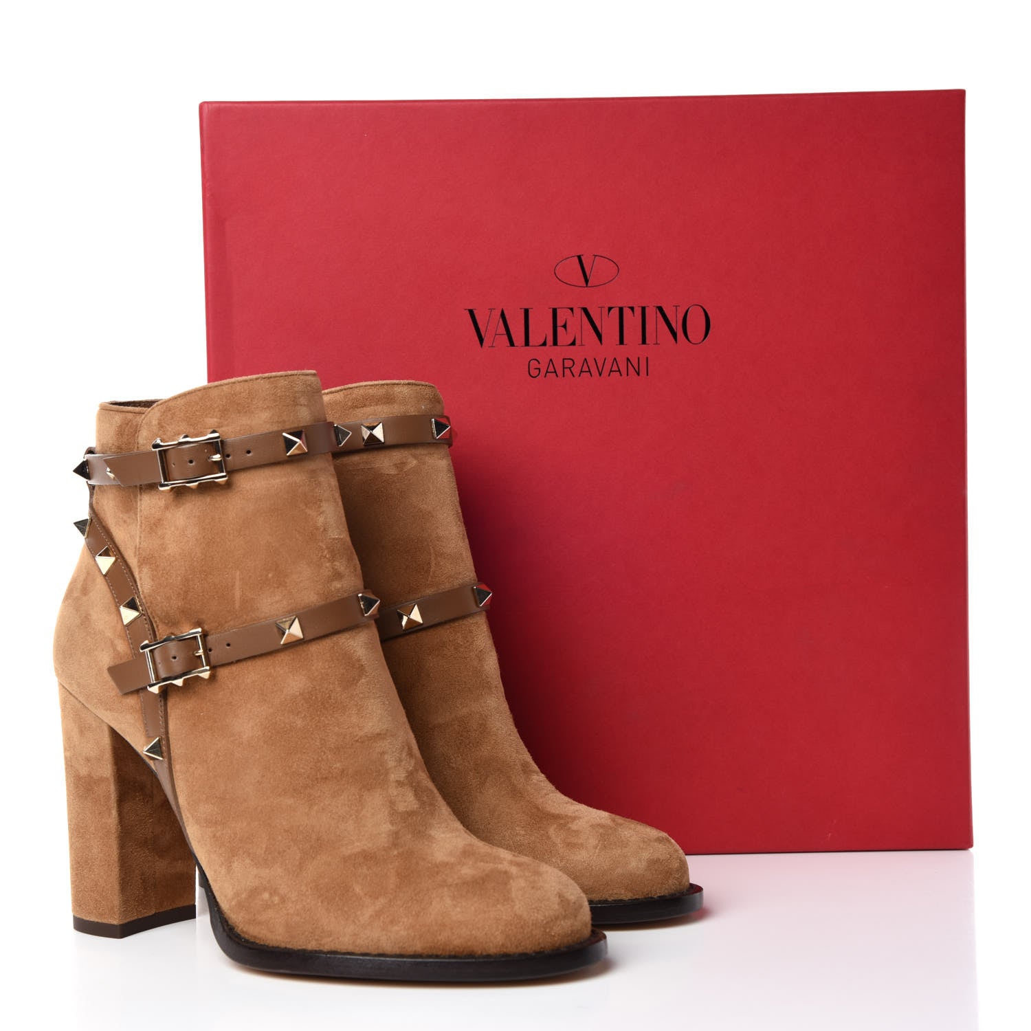 Valentino Garavani Suede Rockstud Double Buckle 100mm Block Heel Ankle Boots 36.5 Nocciola 9 of 9