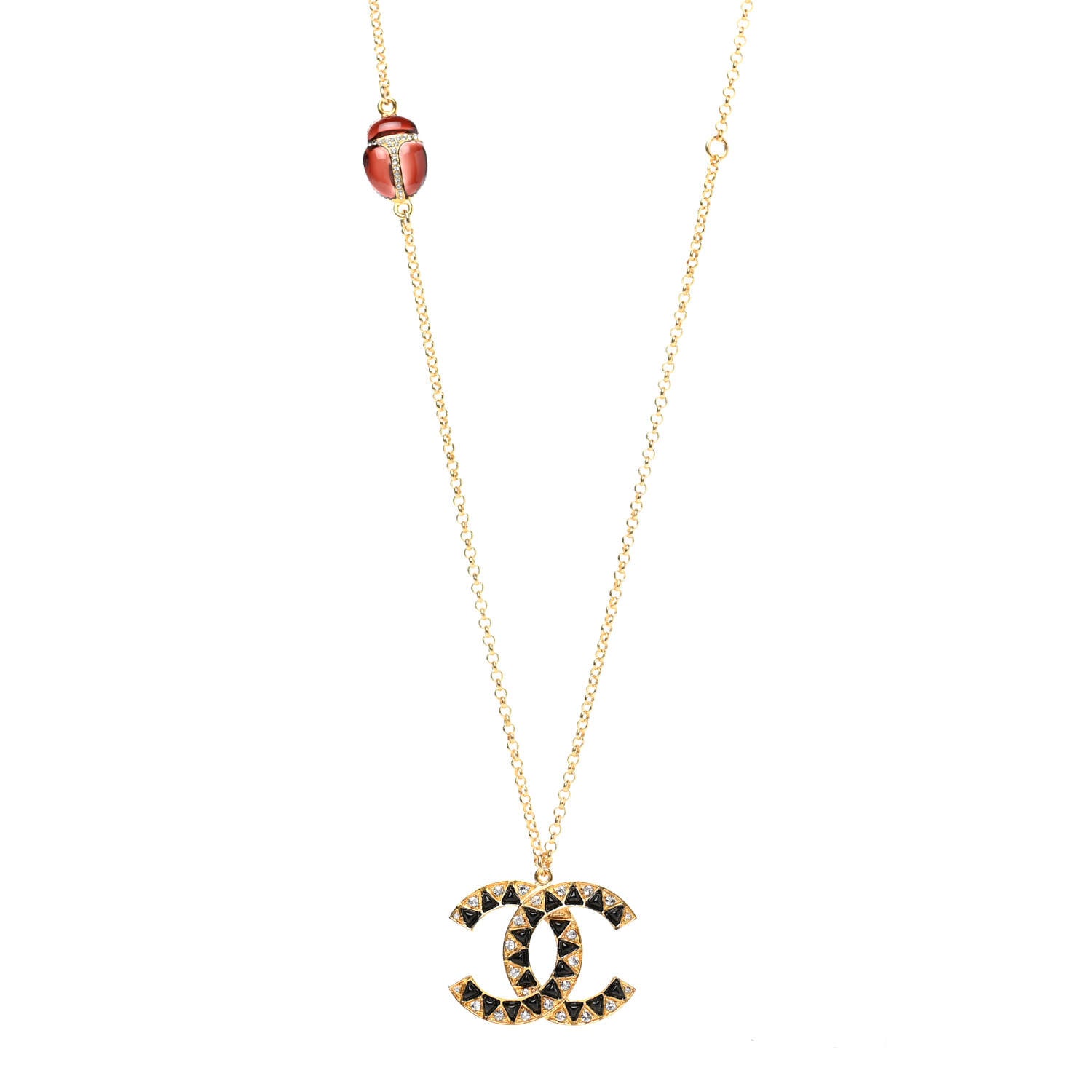 Chanel Metal Resin Crystal Scarab CC Pendant Necklace Gold Black 1 of 7