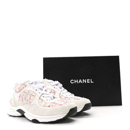 Chanel Tweed Suede Calfskin Womens CC Sneakers 40 Ecru Pink Red White 9 of 9