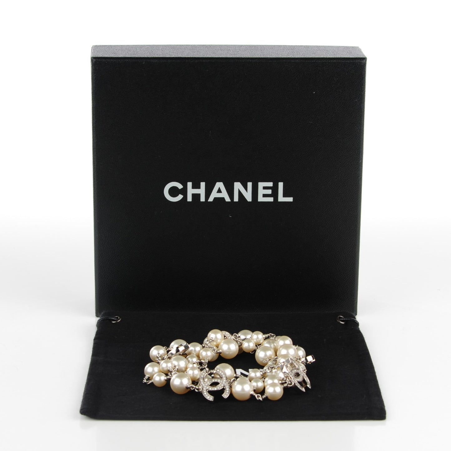 Crystal Pearl CC Long Necklace Silver