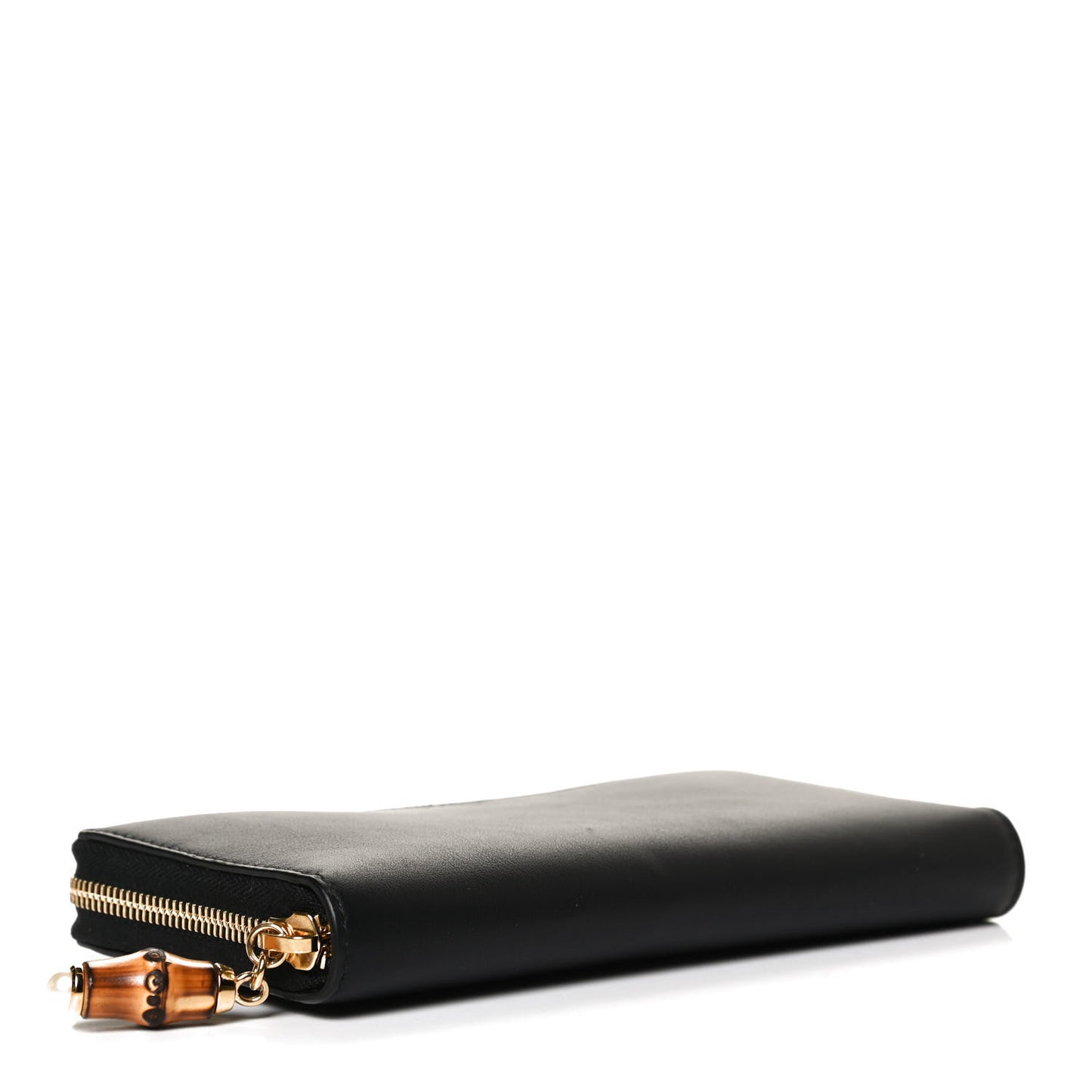 Calfskin Bamboo Round Zip Long Wallet Black