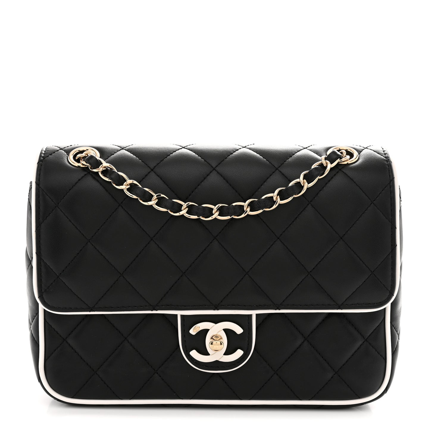 Lambskin Quilted Resin Graphic Frame Flap Bag Black White
