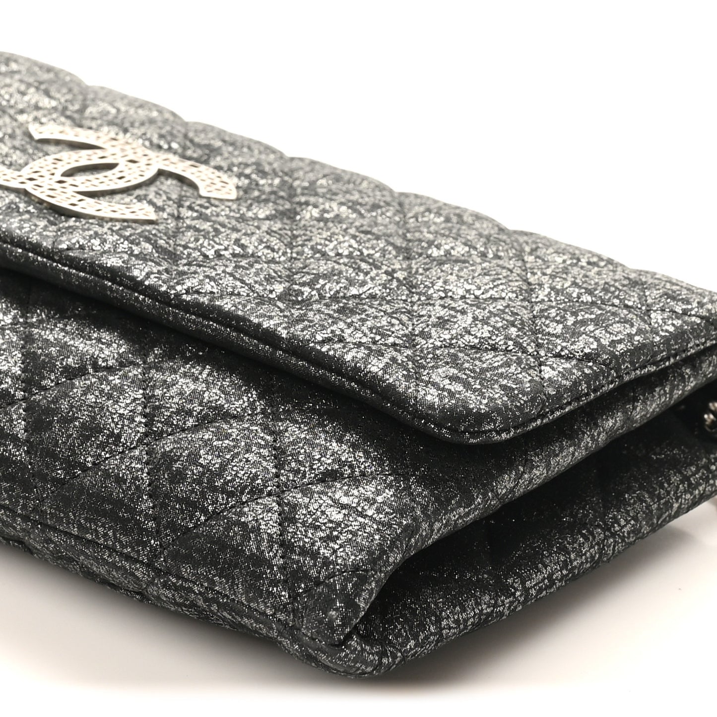 Glitter Fabric Quilted Flap Clutch With Butterfly Chain Black