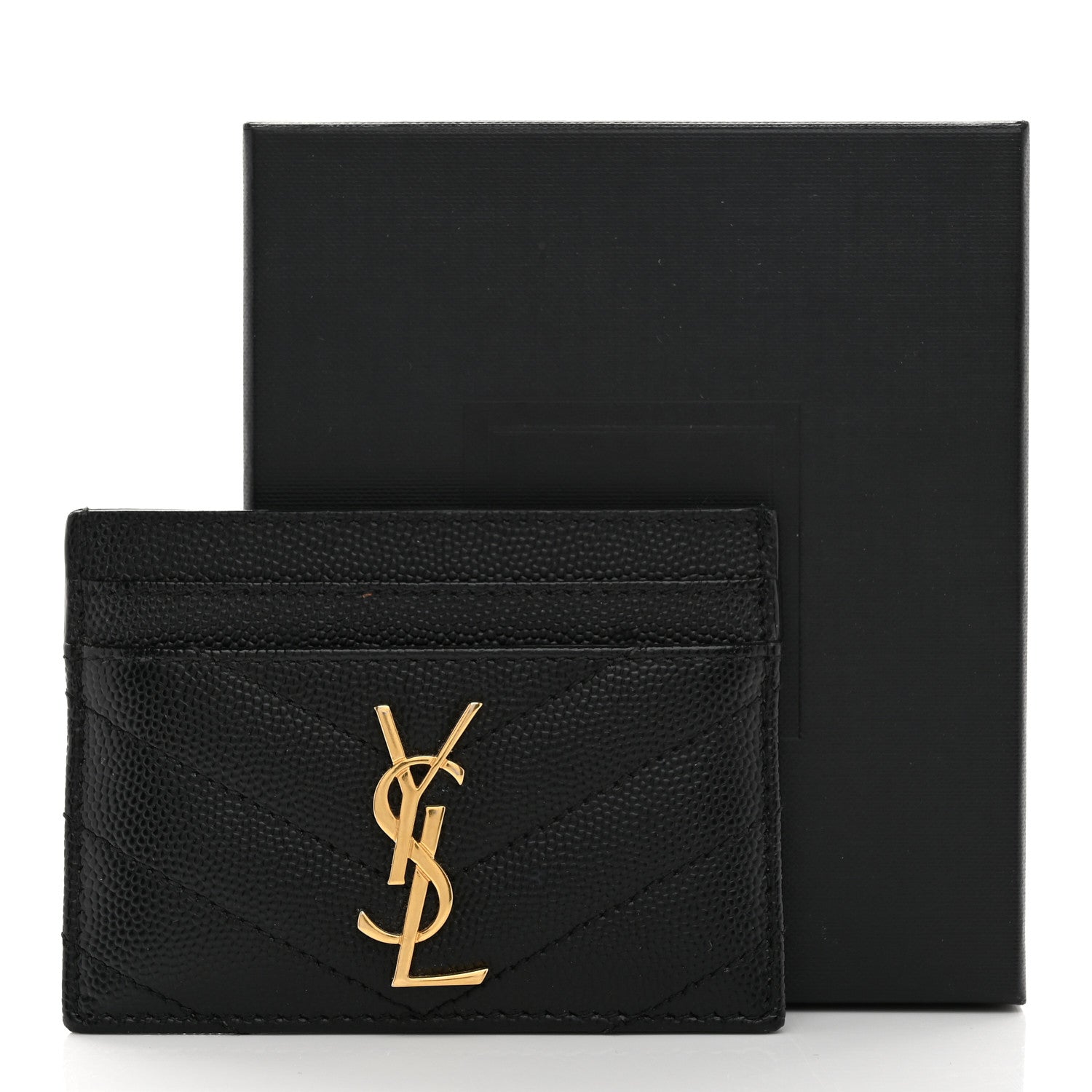 Saint Laurent Grain De Poudre Matelasse Chevron Monogram Credit Card Case Black 8 of 8