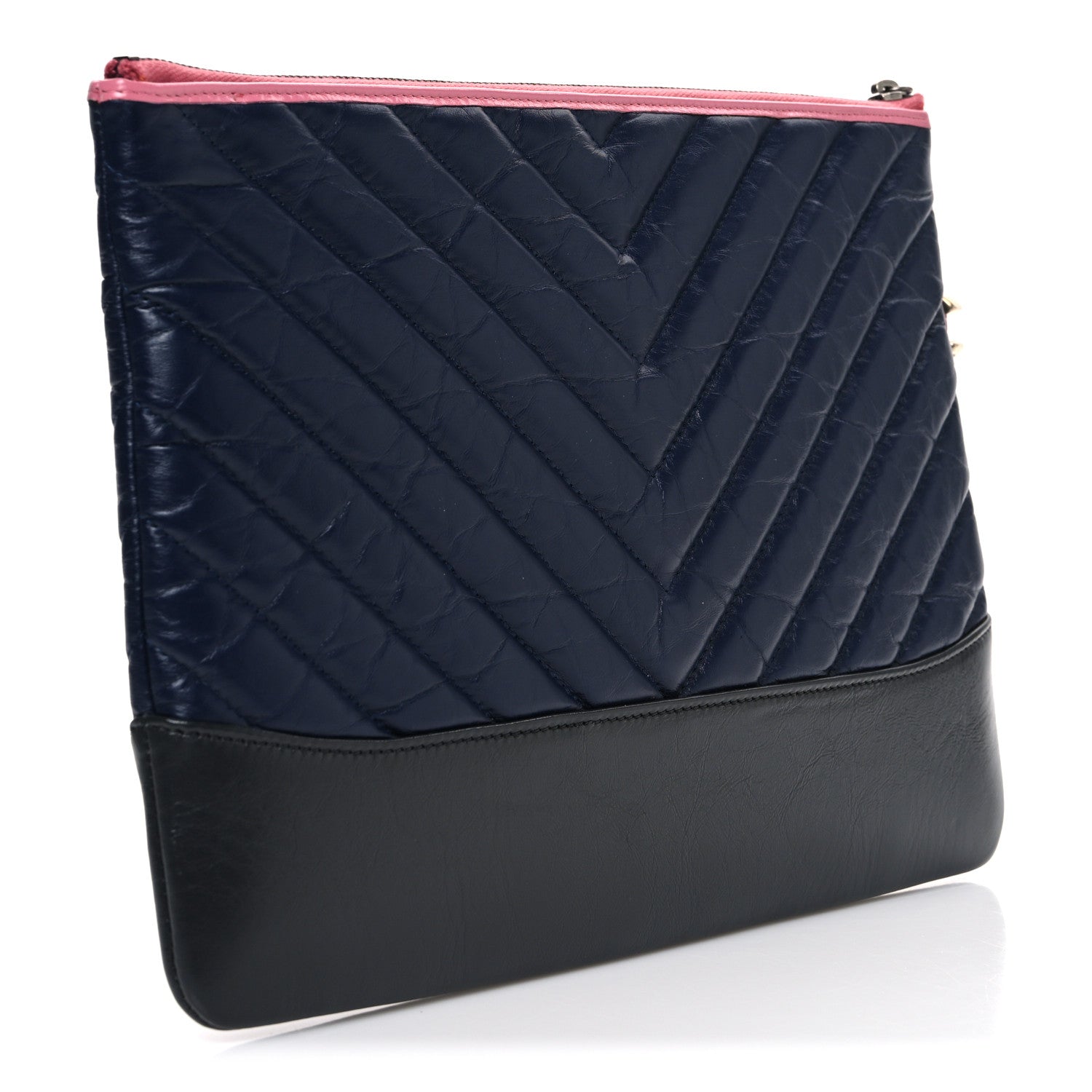 Chanel Aged Calfskin Chevron Quilted Medium Gabrielle Cosmetic Case Dark Pink Navy Charcoal 3 of 7