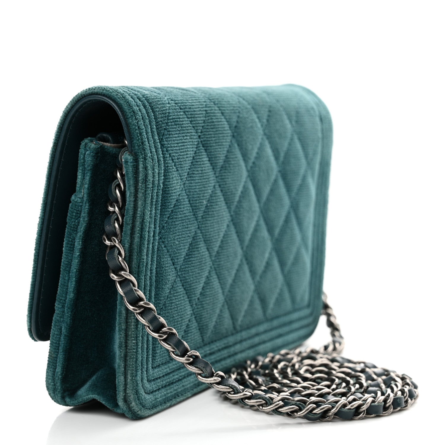 Chanel Velvet Quilted Boy Wallet On Chain WOC Teal 3 of 13