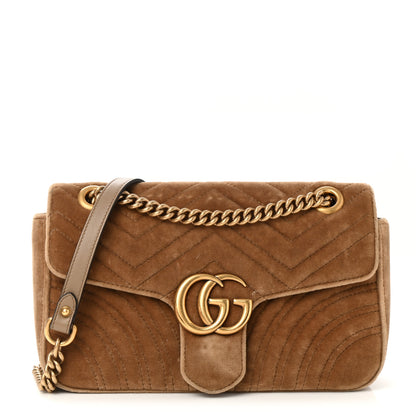 Gucci Velvet Matelasse Small GG Marmont Shoulder Bag Taupe 1 of 11