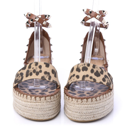 Valentino Garavani Canvas Leopard Print Rockstud Ankle Wrap Espadrille Flatform Sandals 40 Brown 2 of 9