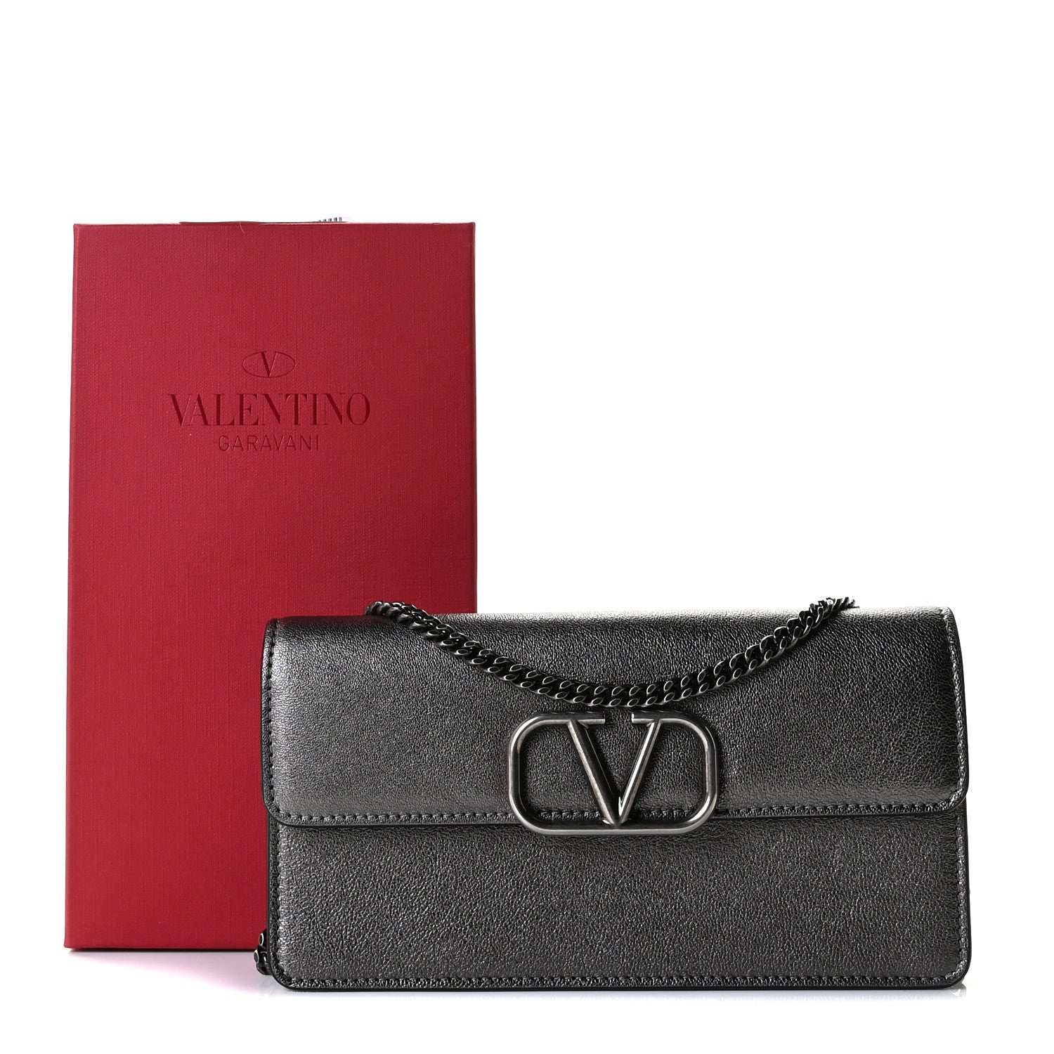 Valentino Garavani Calfksin Vlogo Wallet On Chain Grey 8 of 10