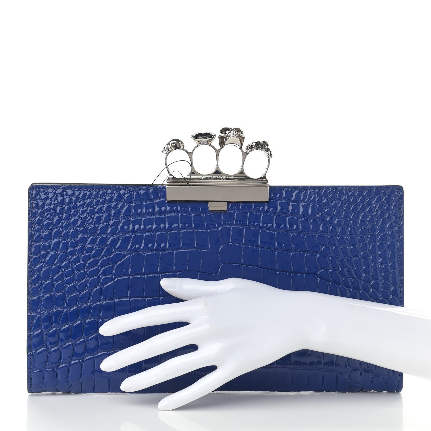 Alexander McQueen Calfskin Crocodile Embossed Knuckle Flat Clutch Blue 2 of 11