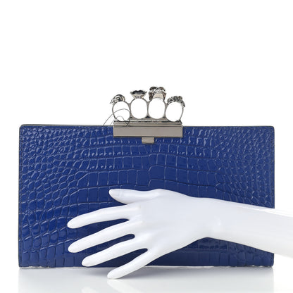 Alexander McQueen Calfskin Crocodile Embossed Knuckle Flat Clutch Blue 2 of 11