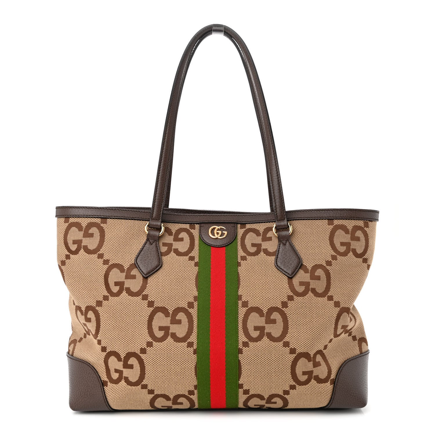 Gucci Monogram Jumbo GG Textured Dollar Calfskin Web Medium Ophidia Shopping Tote Camel Ebony 1 of 9