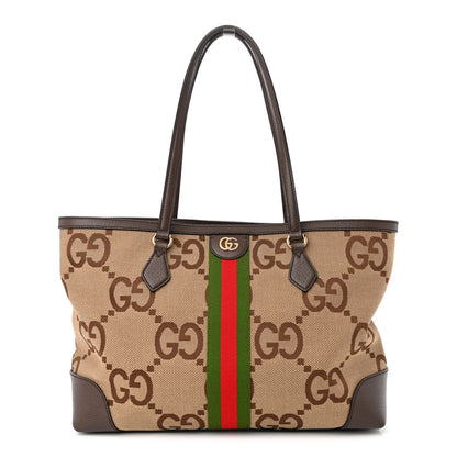 Gucci Monogram Jumbo GG Textured Dollar Calfskin Web Medium Ophidia Shopping Tote Camel Ebony 1 of 9