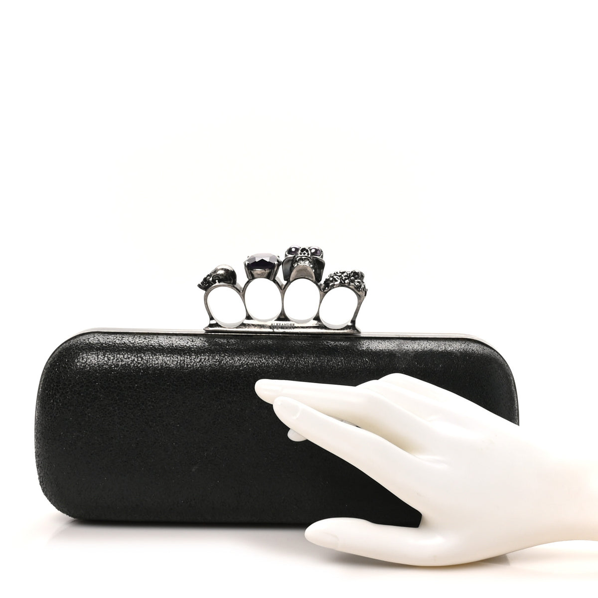 Metallic Lambskin Skull Knuckle Box Clutch Black