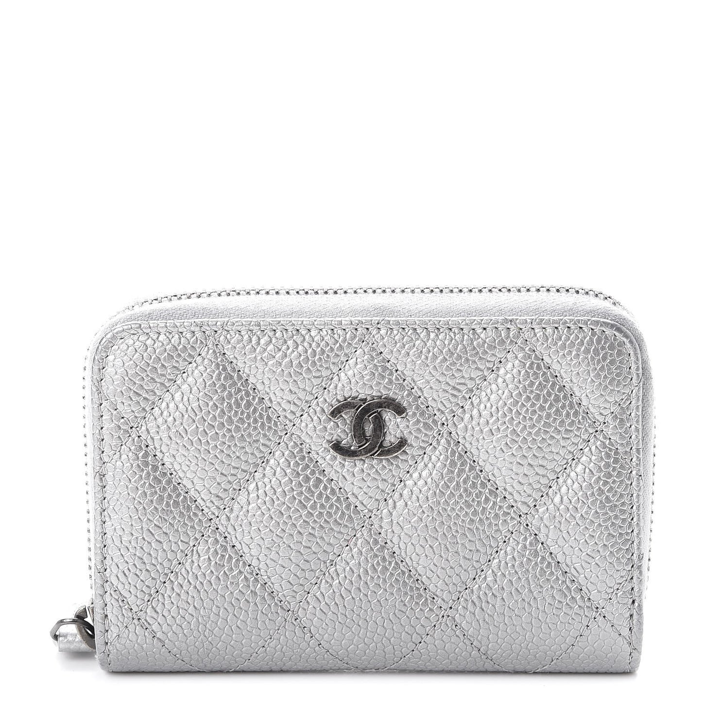 Metallic Caviar Quilted Zip Coin Purse Silver