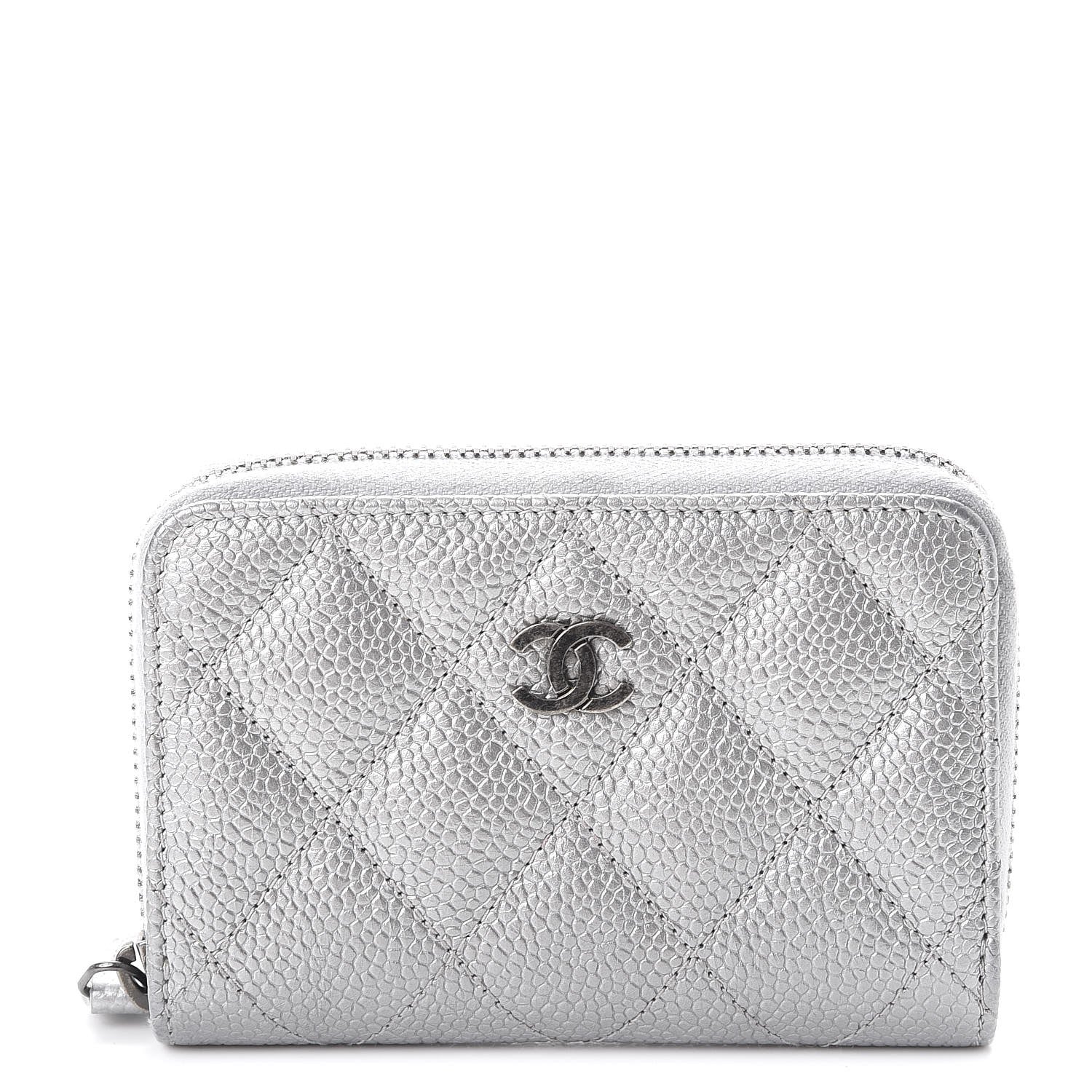 Chanel Metallic Caviar Quilted Zip Coin Purse Silver 1 of 11
