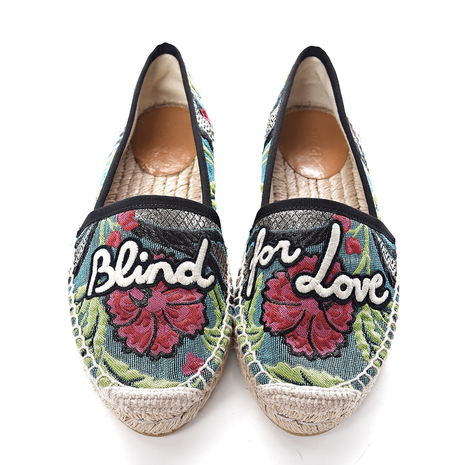 Gucci Tapestry Brocade Blind For Love Espadrilles 35.5 Acquamarine Green Black 5 of 8