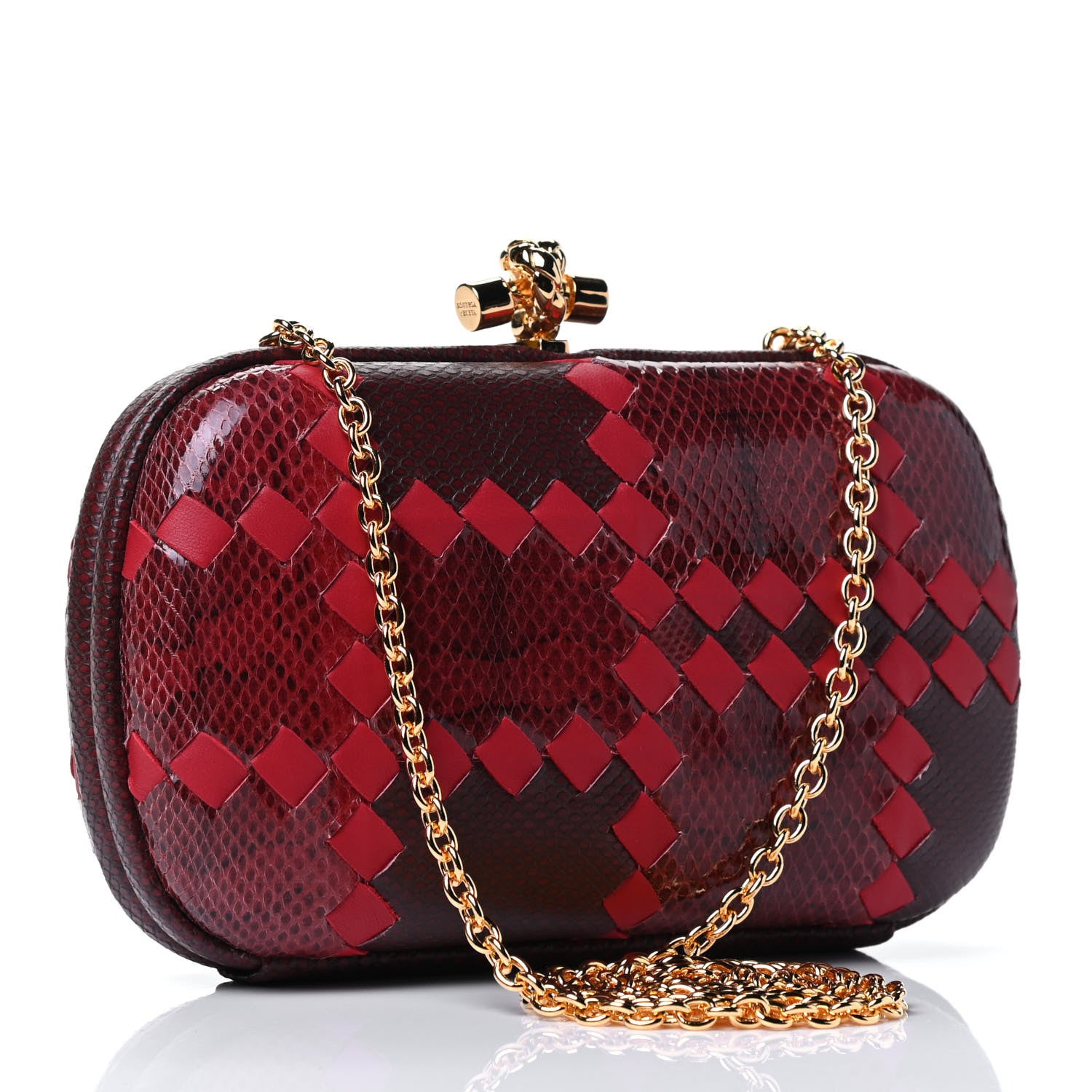 Bottega Veneta Snakeskin Nappa Intrecciato Chain Knot Clutch Bordeaux 2 of 4